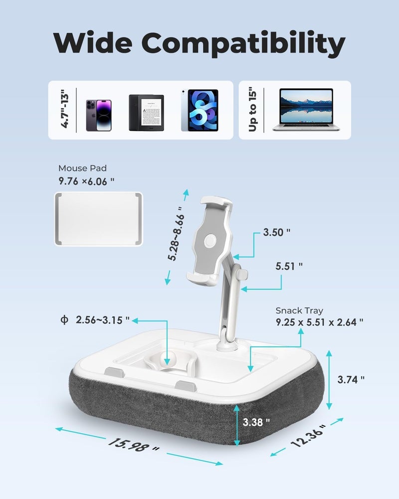 Viozon Kindle Pillow Stand Holder, Phone Holder for Bed, Laptop Lap Desk with Mouse Pad,Compatible with 4.7-13" Kindle/Tablet/Phone,10-15" Laptop, Snack Bowl⋓ Attachment&Detachable 360°Stand Arm - Image 3